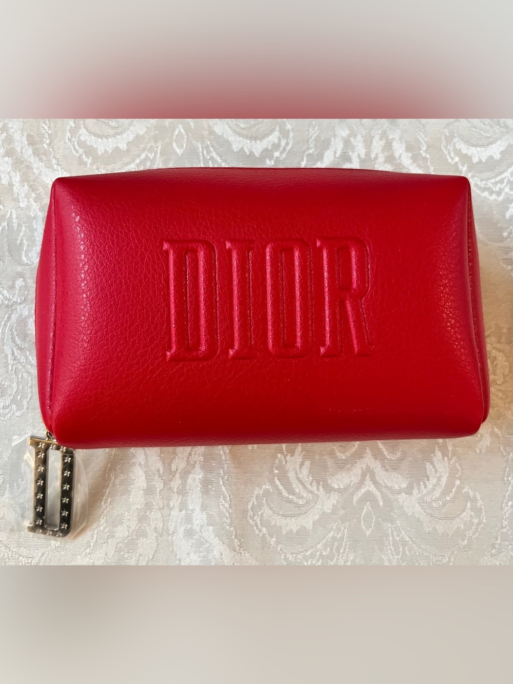 Dior Red Embossed Faux Leather Cosmetic Pouch with Box New
